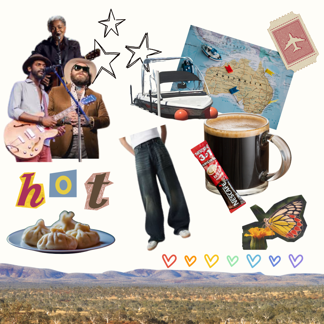 cutout photos of musicians, baggy jeans, travel photo, coffee, and Australian landscape against offwhite background