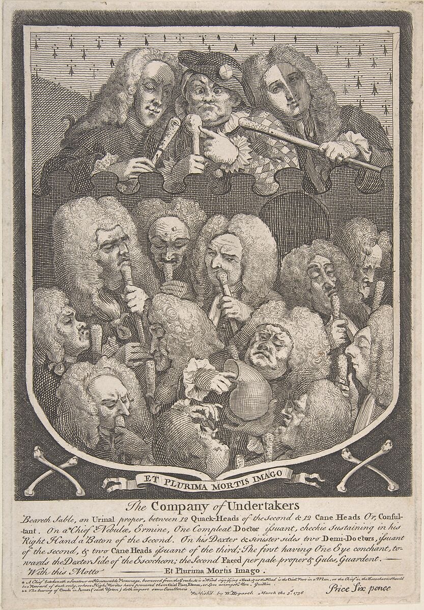 Three caricatured quack doctors, including Sarah Mapp, are shown presiding over a groupd of bewigged physicians, most of whom are holding herb-filled canes to their noses.