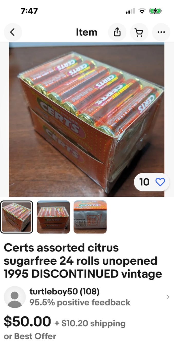 An eBay ad for an unopened case of Certs rolls from 1995