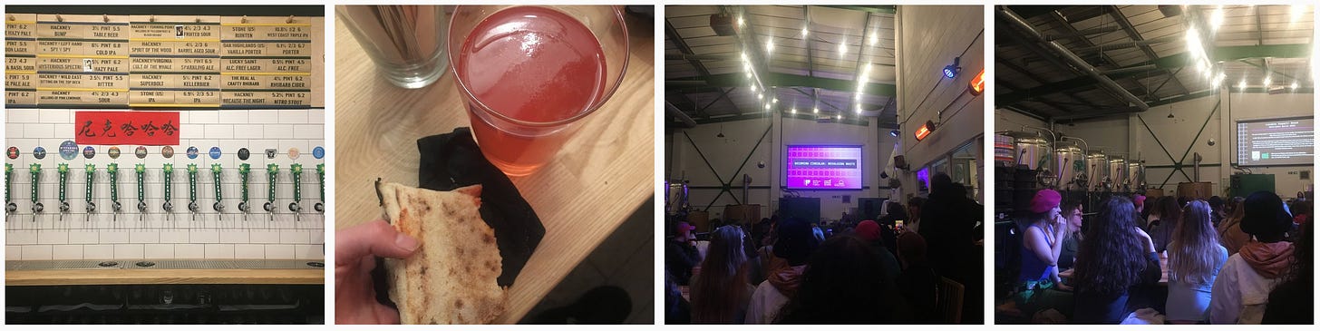 1–2. We were delightfully served copious amounts of Yard Sale Pizza and a drink from the Hackney Brewey (I went for rhubarb cider); 3–4. Too busy chatting so was relegated to the back of the room, and this was my view of the presentation screen (brewery on view to the left).