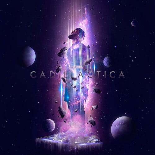 a purple motif of a man emerging from a rock among the stars, surrounded by planets with the word CADILLACTICA overlaid through the center