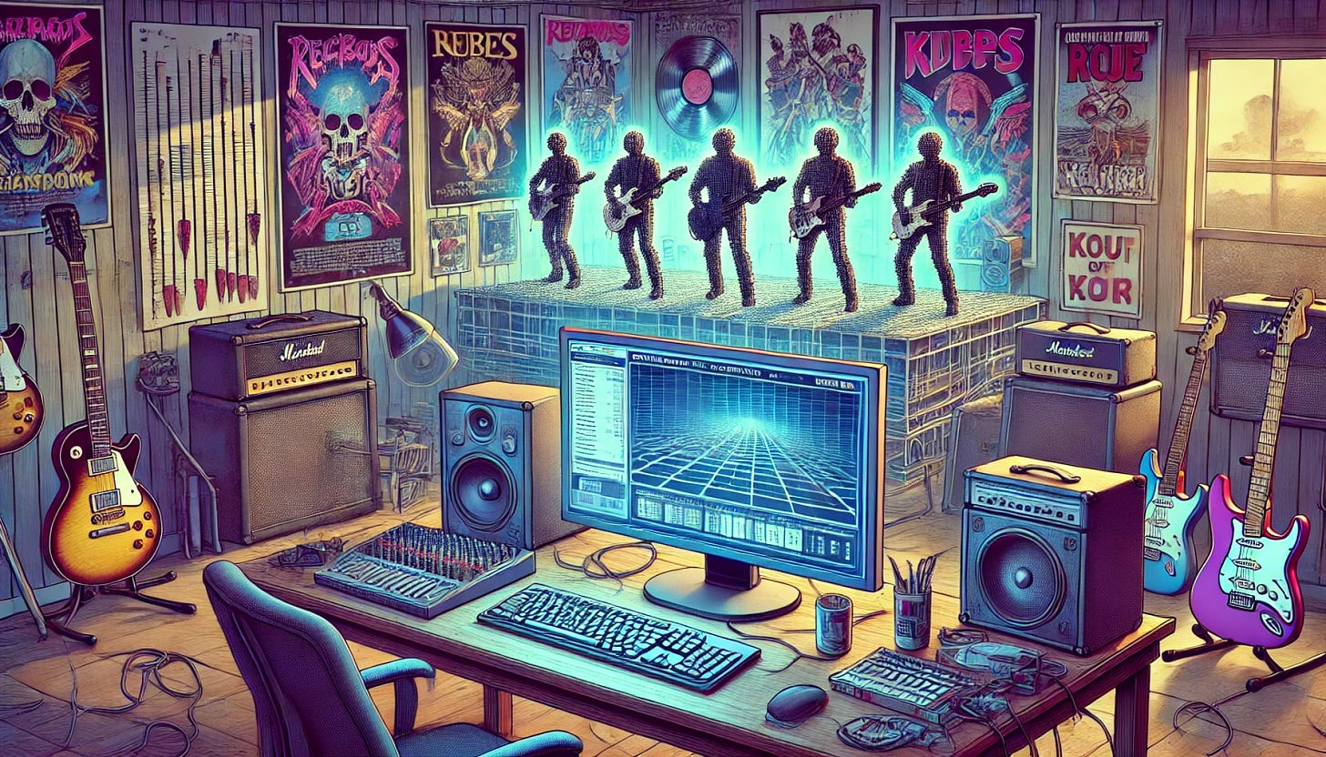 A detailed image of a band being created by a computer. The scene shows a computer screen displaying digital versions of band members