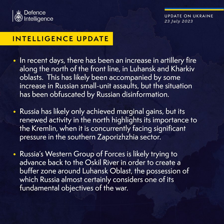 Latest Defence Intelligence update on the situation in Ukraine - 23 July 2023. Please read thread below for full image text.
