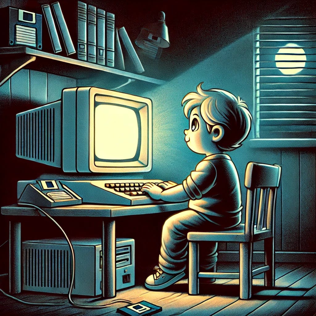 A cartoon-style illustration of a young child sitting at a small desk in a dimly lit room at night, typing intensely on an old 1980s personal computer. The CRT monitor glows dramatically, casting eerie light on the child's fascinated face. The room is cluttered with books, floppy disks, and cables, with shadows stretching across the walls. The atmosphere is mysterious and nostalgic, with a dark night sky visible through a small window.