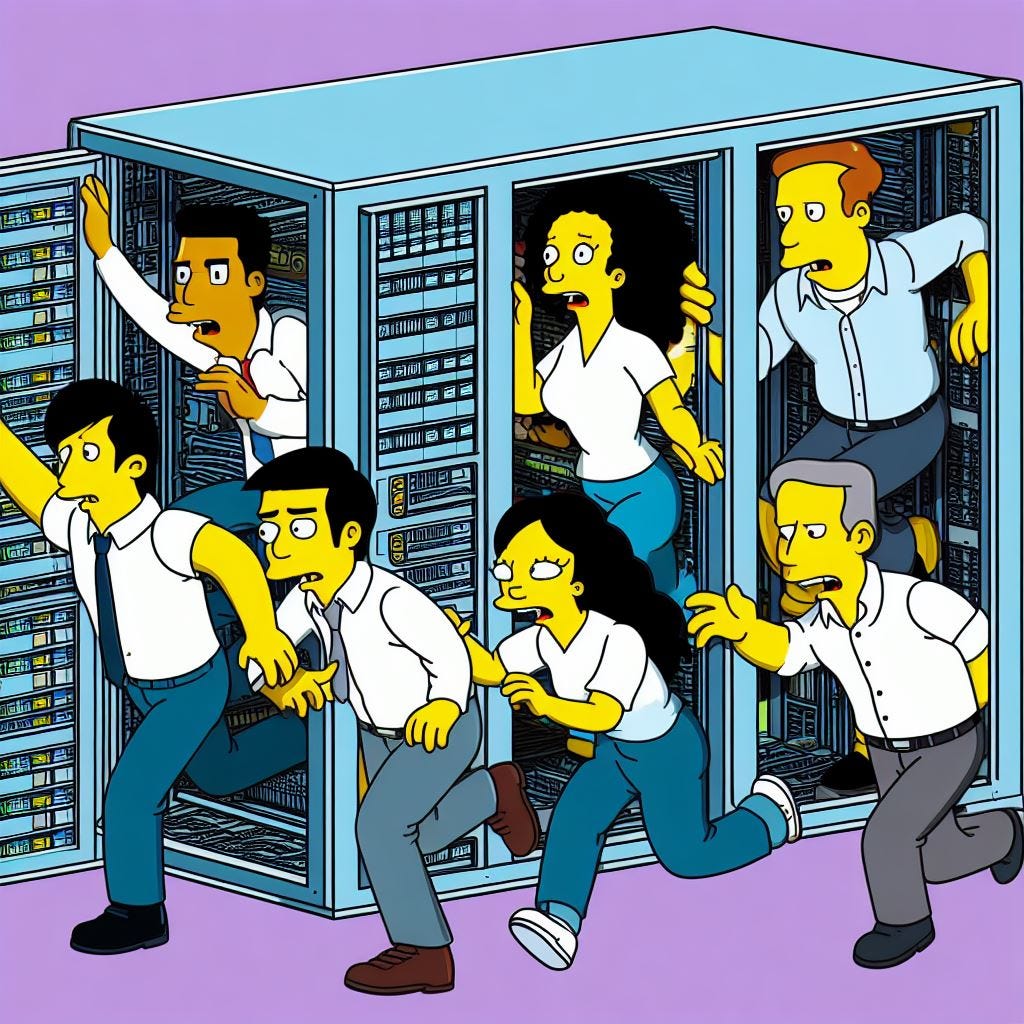 7 cartoon characters are in various states of exiting a computer mainframe with looks of concern and angst.  The cartoon imagery resembles the style in The Simpsons.