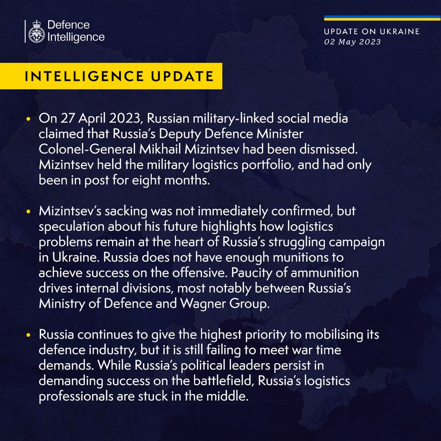 Latest Defence Intelligence update on the situation in Ukraine - 02 May 2023. Please see thread below for full image text.