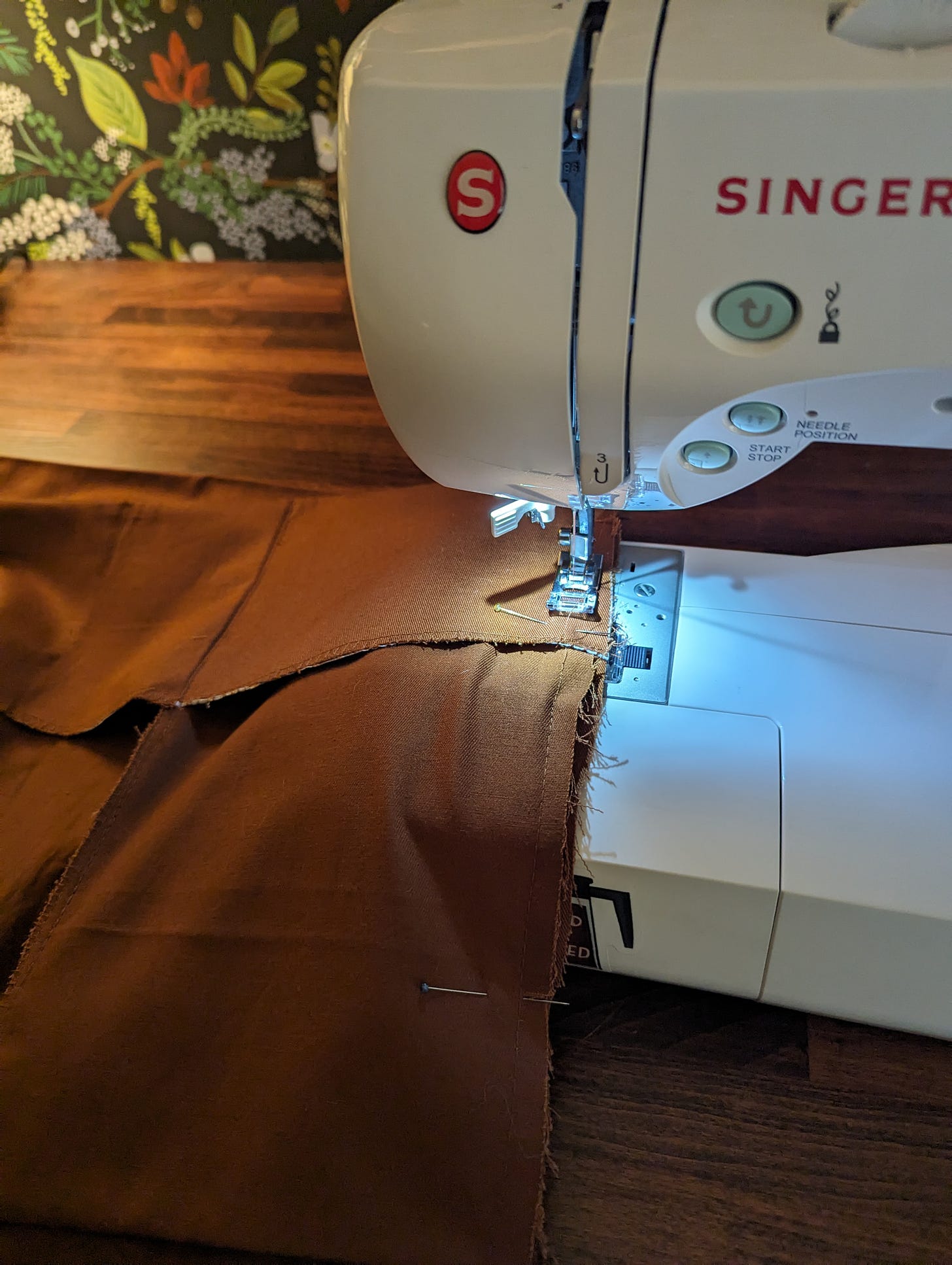 pants in progress on the sewing machine