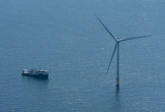 In April 2024, the offshore supply boat Cade Candies sits off one of the Vineyard Wind turbines installed 12 miles south of Marth's Vineyard.
