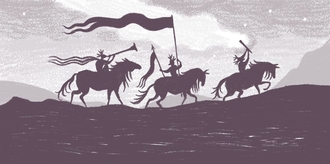 Illustration. Three horse riders silhouetted against a night sky, playing trumpets and holding lofty banners.