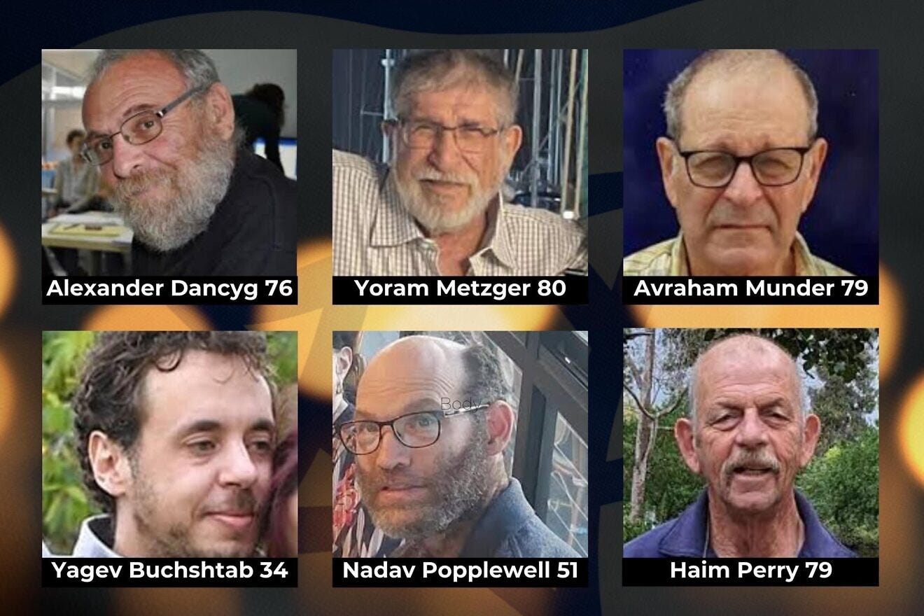 Six hostages kidnapped by Hamas terrorists on Oct. 7 who were murdered in the Gaza Strip. Their bodies were recovered by the IDF in a tunnel in Khan Yunis on Aug. 20, 2024. Credit: Ministry of Foreign Affairs of Israel.