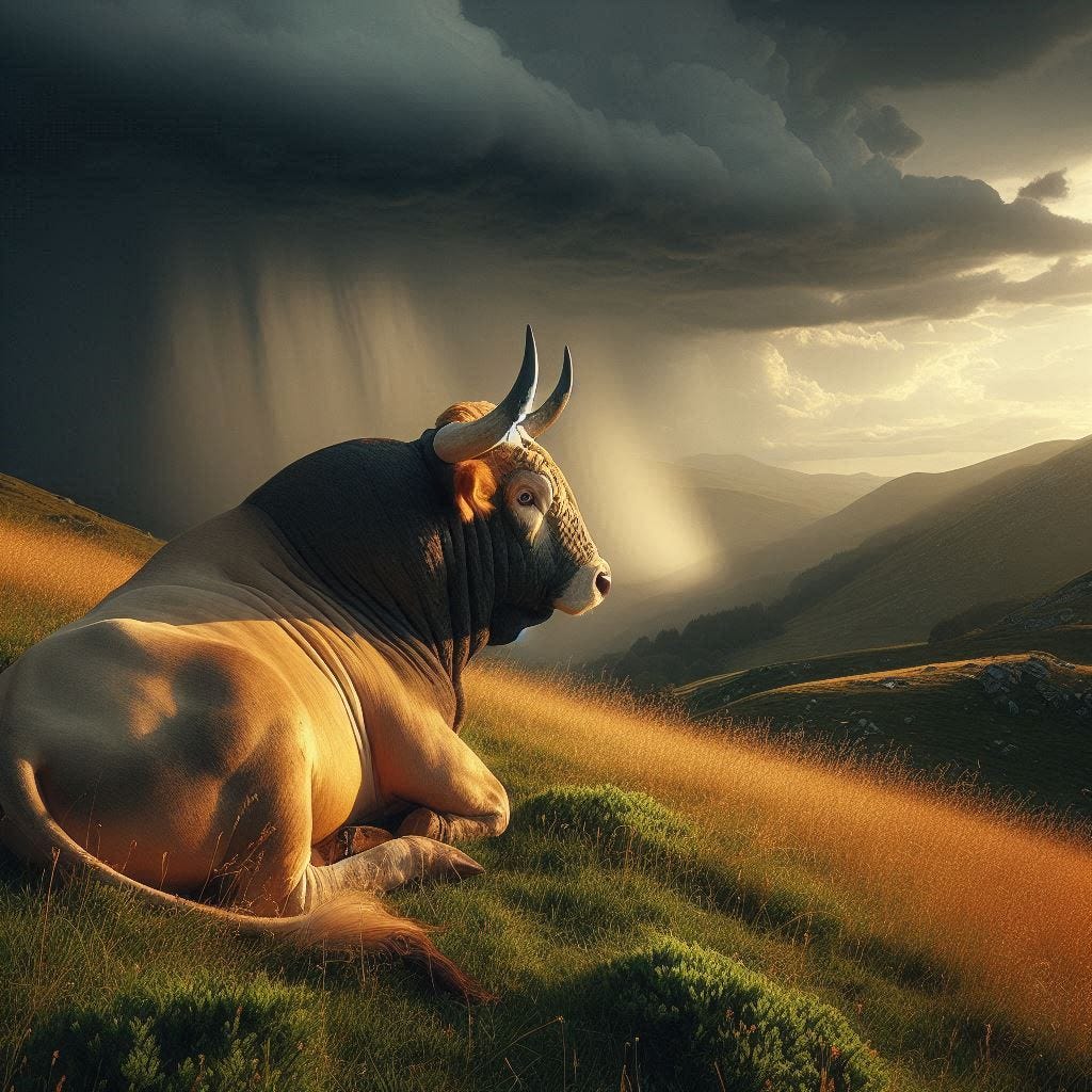 A bull with great patience watching the storm pass and the sun come out