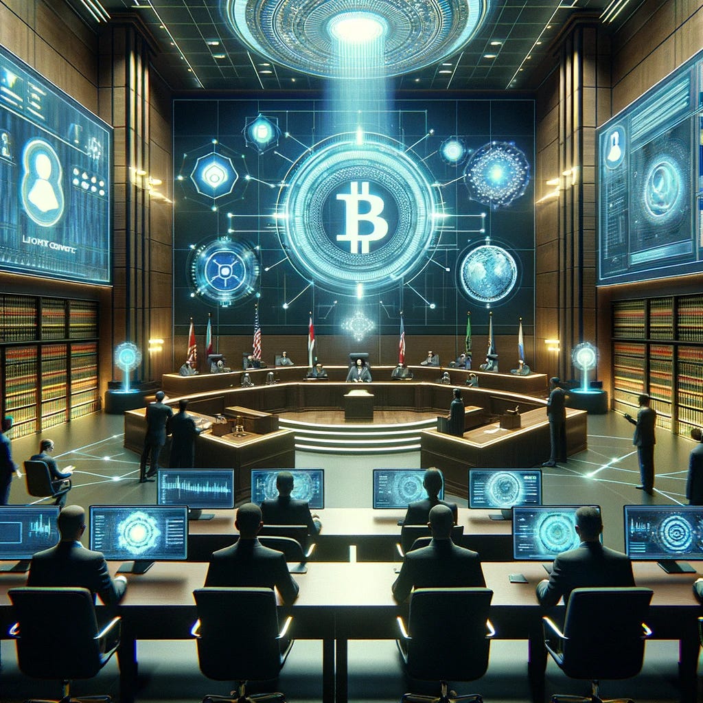 Visualize a futuristic courtroom setting where blockchain technology is integrated into legal proceedings. The courtroom is equipped with advanced technology, featuring large digital displays showing real-time blockchain data, smart contract agreements, and digital evidence presentation. Judges and lawyers are using high-tech devices to access case information, and holographic projections are used to illustrate legal arguments. The ambiance is one of modernity and technological advancement, highlighting the seamless integration of blockchain into the judicial process. This fusion represents a cutting-edge approach to justice, emphasizing transparency, efficiency, and the innovative use of technology in legal contexts.