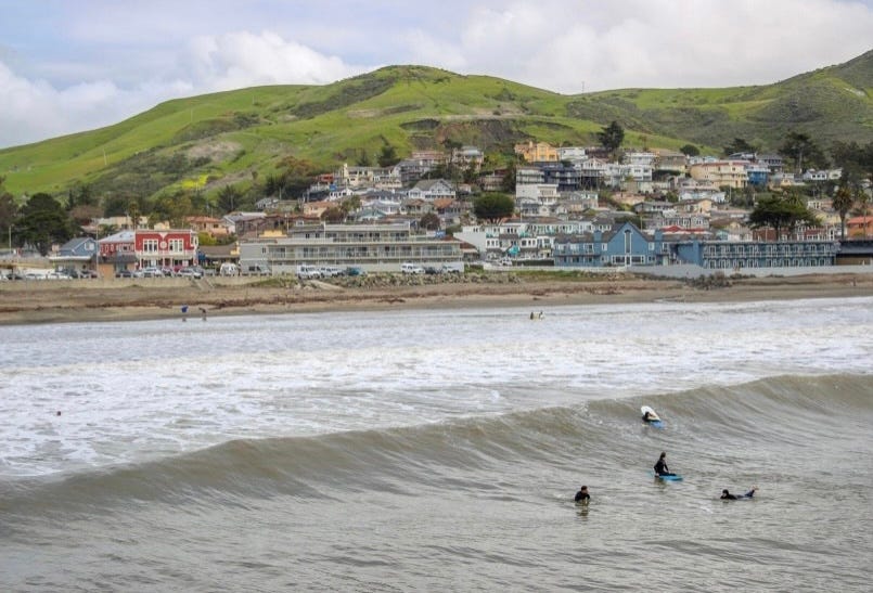 The whimsical village of Cayucos, California seen from the ocean