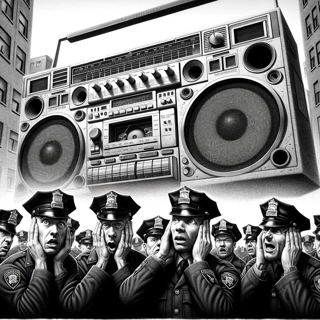 A black and white drawing depicting a scene where several police officers appear disoriented and confused by loud noises emanating from a giant boombox. The officers are shown with expressions of surprise and discomfort, covering their ears. The boombox is oversized, dominating the foreground, with visible large speakers and control knobs. The setting is an urban environment with tall buildings and a few parked cars. The drawing style is realistic, capturing the intricate details of the officers' uniforms and the dynamic reaction to the loud music.