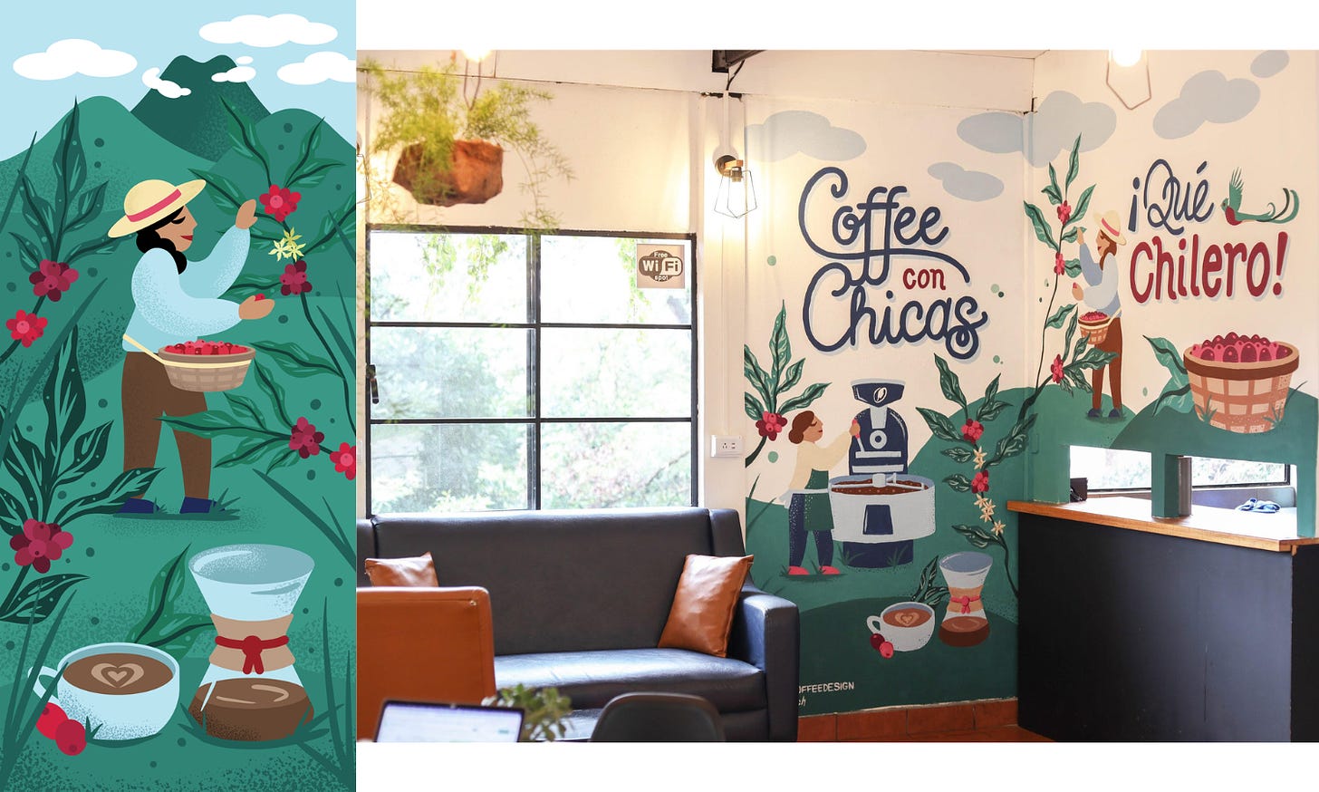 Focus on an illustrated design on the wall of a cafe featuring coffee farmers picking coffee cherries and a woman roasting coffee on a large machine.