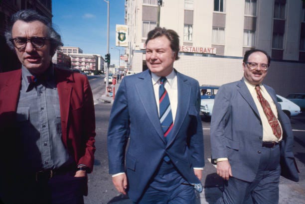 American psychologists, from left, Dr. Robert Jay Lifton, Dr. Louis Jolyon West, and Dr. Martin Orne walk together, San Francisco, California, 1976....