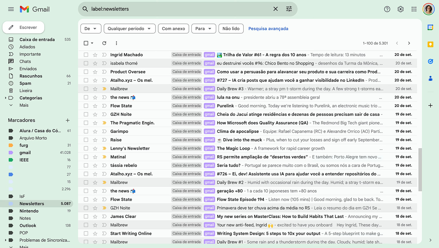 Caixa de entrada do Gmail exibindo apenas os emails com o marcador "Newsletter"