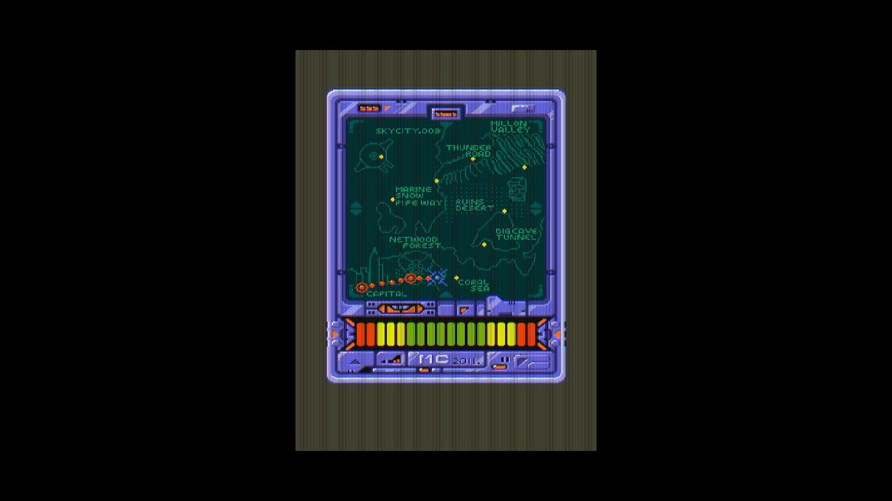 A screenshot of the computer screen map displayed on Mac, shown in between levels. It's pretty plain, with a green screen and names of the various stages.