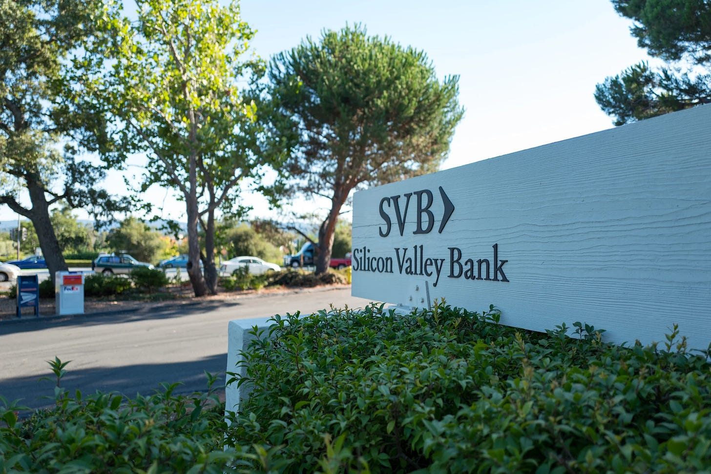 Signage for high-tech commercial bank Silicon Valley Bank, on Sand Hill Road in the Silicon Valley town of Menlo Park, California, August 25, 2016. (Photo via Smith Collection/Gado/Getty Images).