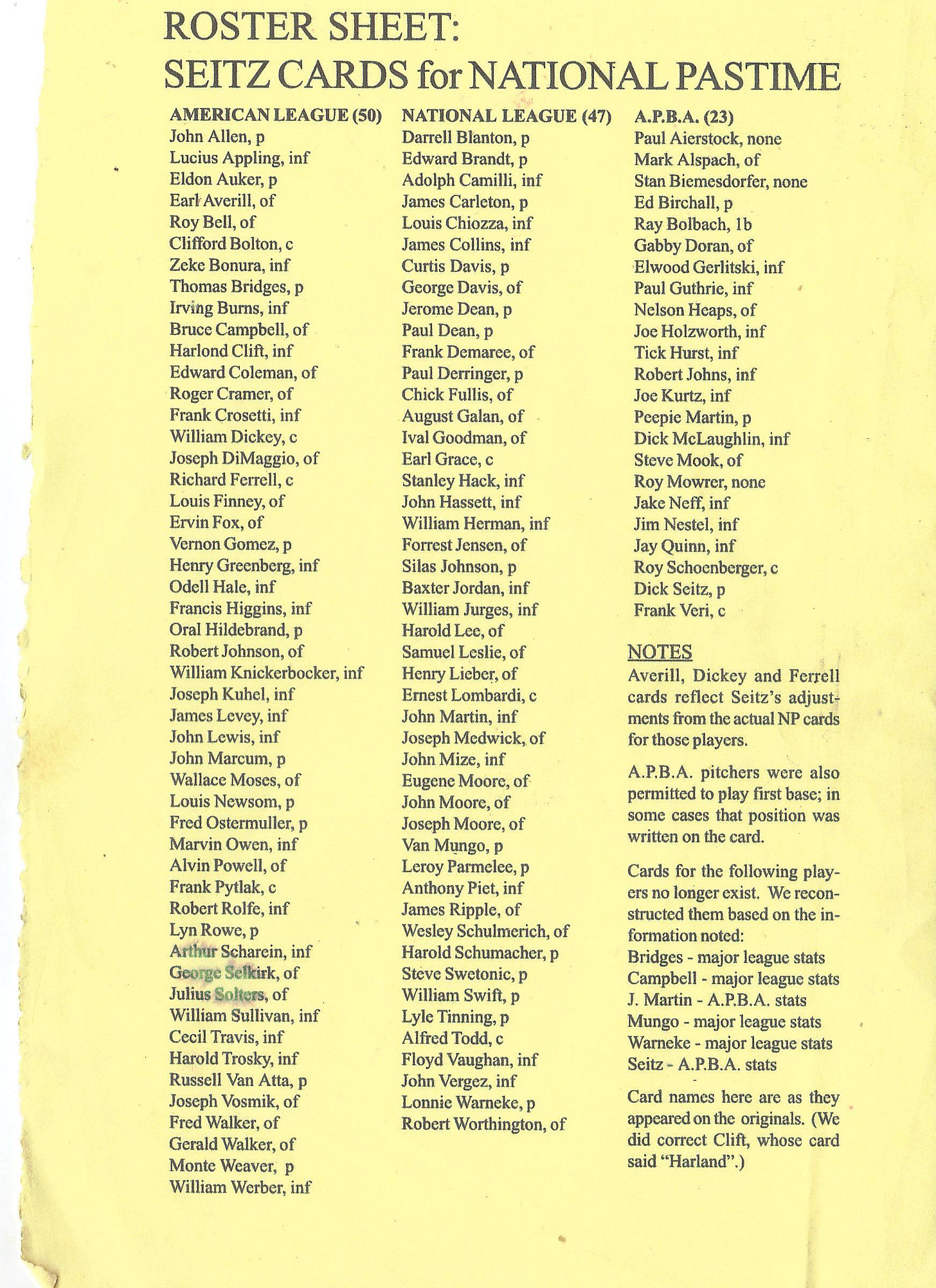 National Pastime J Richard Seitz Homebrew Cards