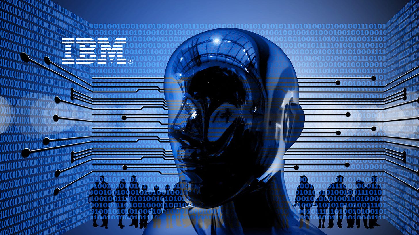 Robo humanoide azul com o logo da IBM ao lado. O fundo é feito de 0 e 1 em sequencia formando paredes de um cubo