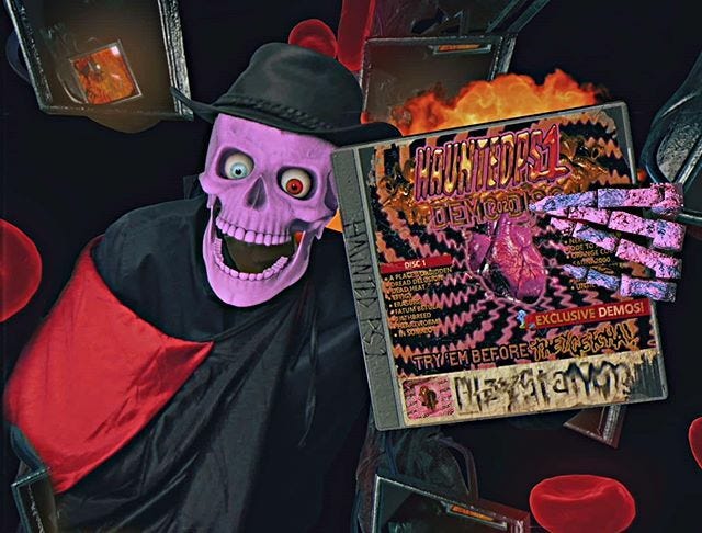 A purple skeleton with eyes, one red and one blue, wearing a cape and fedora. He is holding a cd case featuring the Haunted PS1 Demo Disc on its cover.
