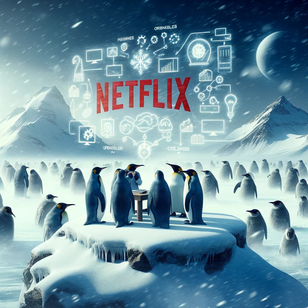 A cinematic scene where a group of penguins, representing the original Netflix CEO and his team, navigate through a snowy landscape filled with obstacles and challenges. The penguins are seen brainstorming and strategizing, with one penguin standing out as the leader, highlighting the journey and the pivotal role of focus in their success. The landscape symbolizes the harsh and competitive environment of the business world.