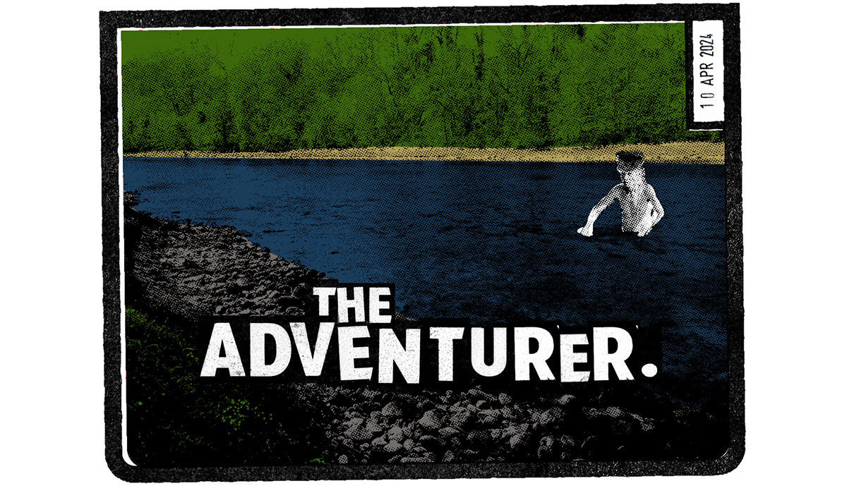 Your latest Story from Nowhere: The Adventurer. A man in a Davy Crockett hat wades across a river...