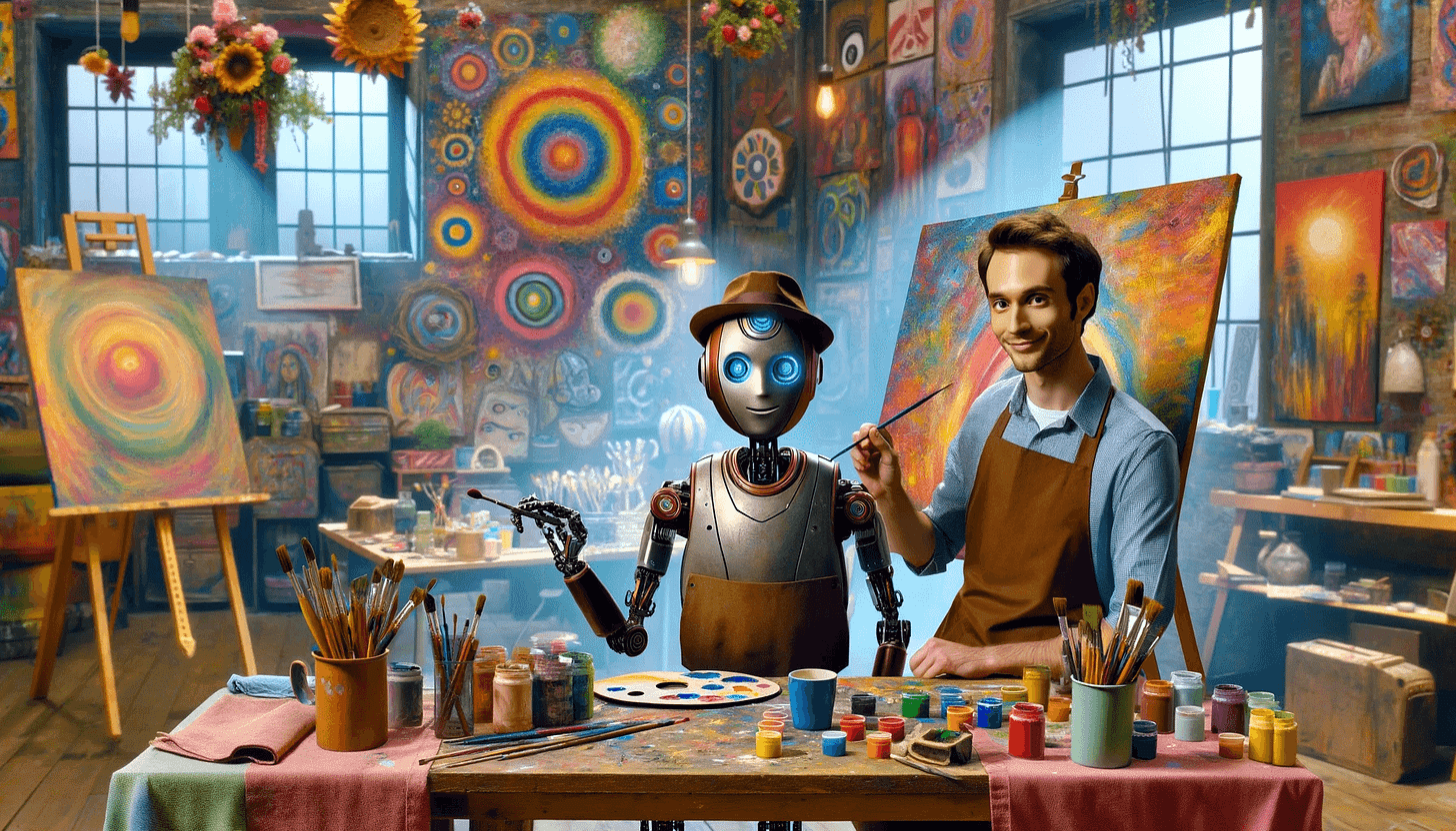 In a colorful art studio, a robot painter with a human-like face and an artist's hat collaborates with a human painter resembling an actor with short brown hair. Together, they work on a vibrant canvas, surrounded by a lively, artistic environment full of creative energy and art supplies