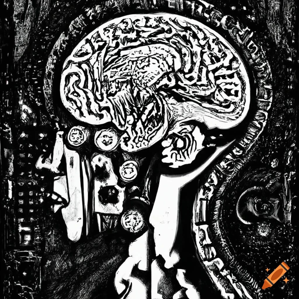 black and white cosmic horror image depicting the human mind