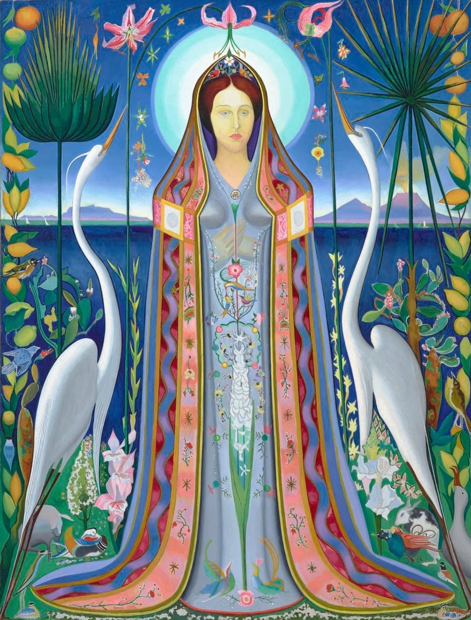 Madonna-inspired woman in pagan environment with swans.