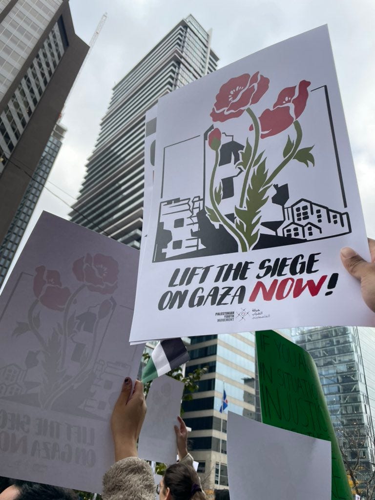 In the background, city towers can be seen. A hand holds up a poster at a protest and the poster from the Palestinian Youth Movement says LIFT THE SIEGE on GAZA NOW and shows red flowers growing from some buildings.