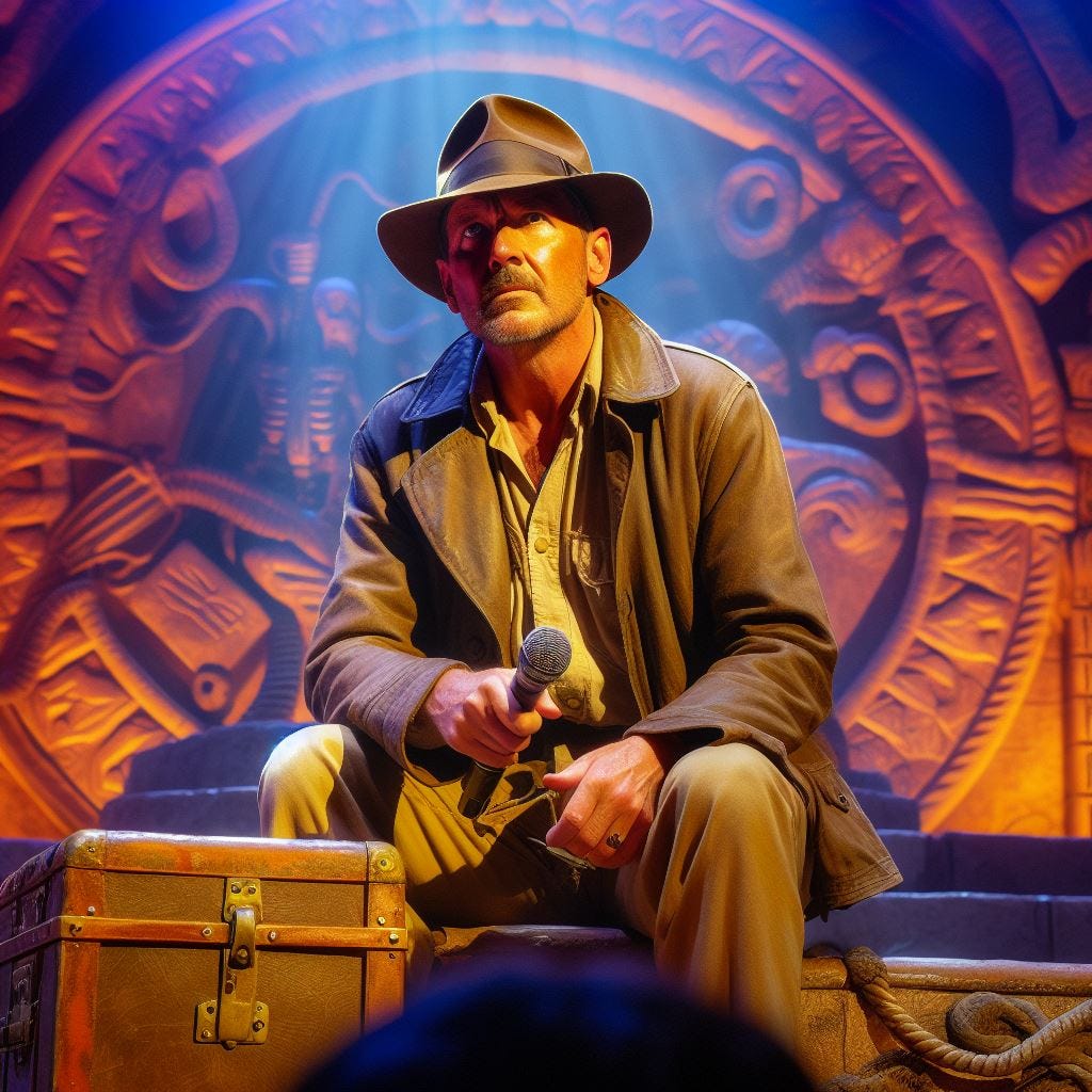 An Indiana-Jones-like figure sitting on a stage, surrounded by old boxes, with a large stone carving behind him.  He is holding a microphone and looking grim and frustrated.