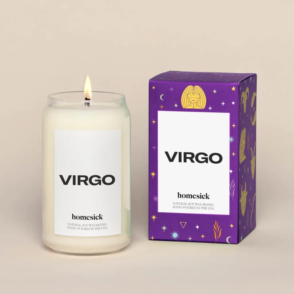 Summer Zodiac Sign Gift Guide:A Virgo Homesick Candle and a box 