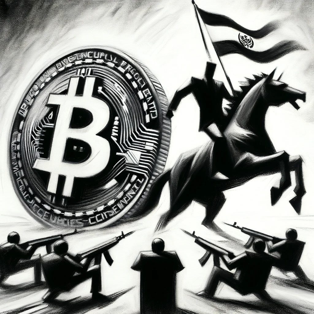 Create a very minimalistic and abstract charcoal sketch that captures the essence of El Salvador's firm stance on Bitcoin in defiance of the IMF's calls to drop it as legal tender. The artwork should abstractly represent the contrast between national sovereignty and international financial oversight, embodying the themes of defiance, commitment, and the pioneering embrace of cryptocurrency. Use expressive, broad strokes and contrasting shades to convey the bold and resolute nature of this decision without any written characters, numbers, specific brands, or symbols. Focus on forms and shapes that suggest the tension and harmony between a small nation's innovative financial policy and the traditional, global financial institutions.