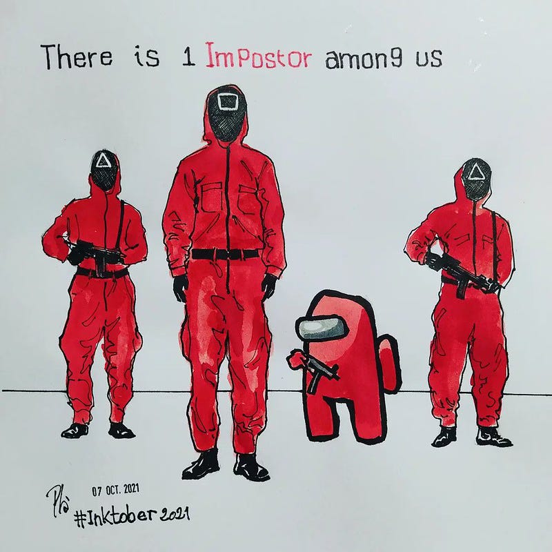 Four figures dressed in red jumpsuits and wearing masks, except one is much shorter and a different shape than the other three. The text reads, "There is 1 Imposter among us."