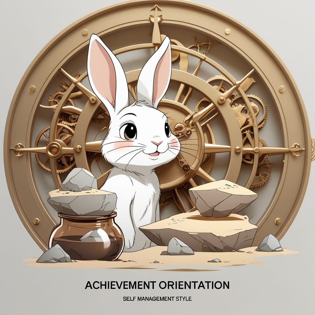 A minimalist logo design with Studio Ghibli style, featuring a white rabbit wearing a tiny top hat and no clothes. It looks at 2 Big Rocks (High Priority Projects) inside of a Jar (Time or resources) with a little of Sand (unimpotant projects and tasks), and a few Little rocks (less important projects and tasks). On the background surrounded by intricate clockwork mechanisms, set against a clean single color background that allows the delicate illustrations to take center stage, with the rabbit's large, expressive eyes and gentle smile conveying a sense of wonder and curiosity, and the clock's metallic elements boasting a warm, golden hue that complements the character's soft, earthy tones. Text "Achievement Orientation" at the bottom. Text "Self Management" as a title. Masterpiece. (cinematic keyframe:1.5), a thrilling movie scene , hints of Victorian or Alice in Wonderland undertones. studios ghibli style. The composition exudes a cinematic, film-noir feel, with shallow depth of field, bokeh, and vignette effects. The bold, scene screams inspiration, anime, studios ghibli style.