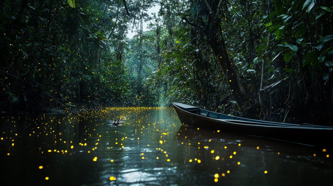 Hypnotic fireflies in the jungle, documentary photography --ar 16:9