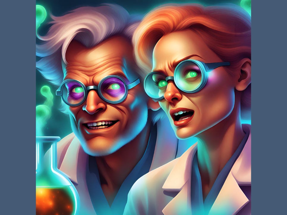 Male and female mad scientists cooking up trouble in a lab.