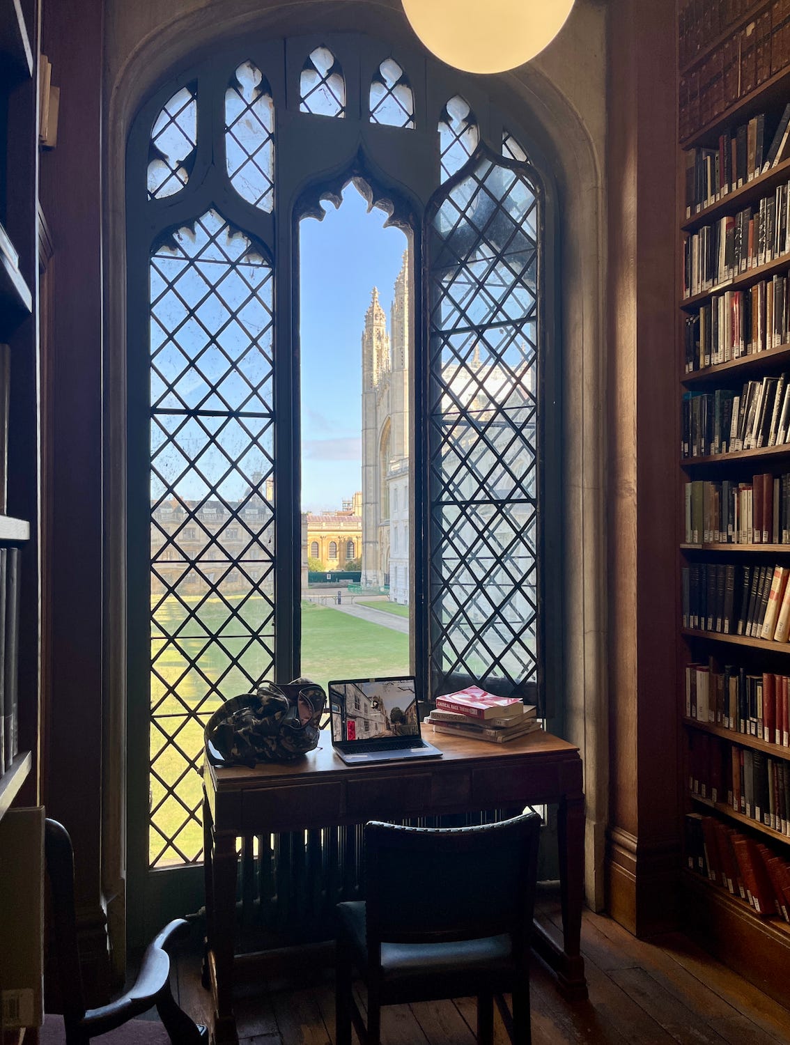 This is my office when I work from the library at King’s College, Cambridge. It’s so quiet now but next week, when the students return, the peace will be shattered.