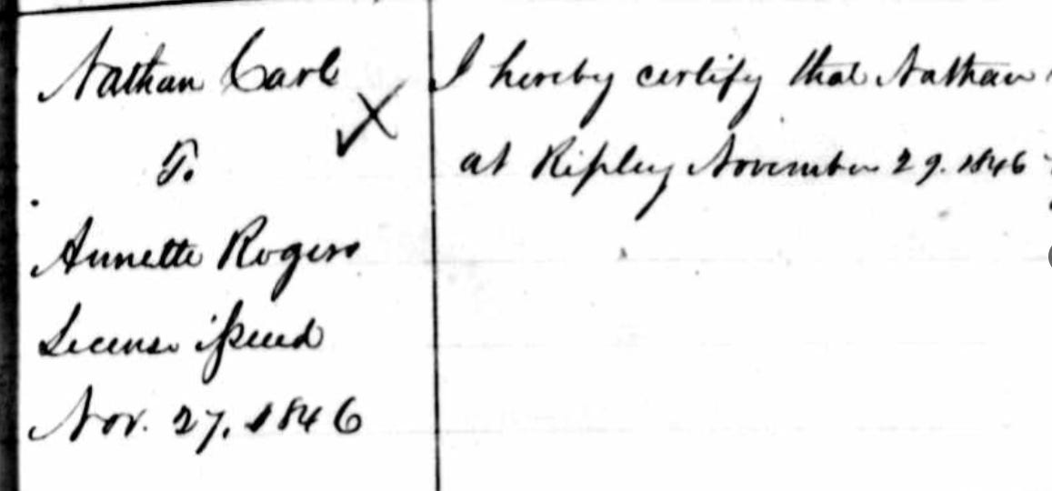 marriage record of Nathan Carl and Annette Rogers