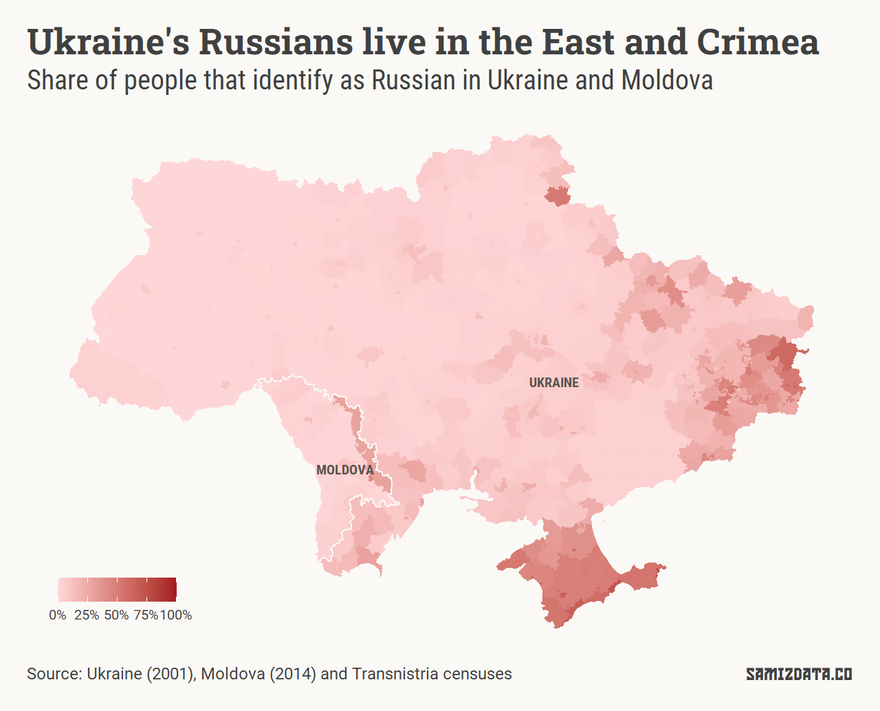 Map of Ukraine and Moldova, showing the share of Russians in each one of their regions according to the latest censuses.