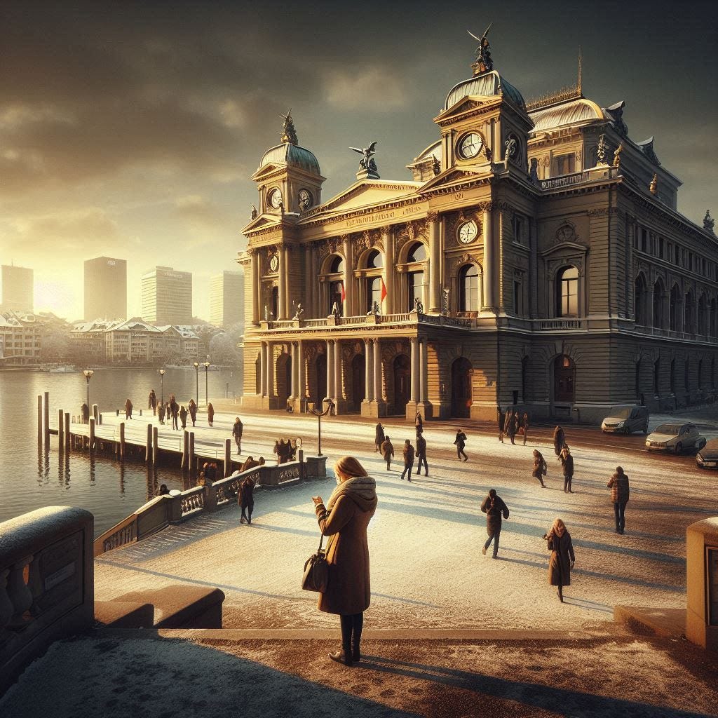 The Opera House Meeting Spot with skyline in the background: The grand Zurich Opera House standing majestically near the lake. The scene shows the sun low in the sky, casting a golden hue on the building's ornate facade. A woman named Amy stands in front of the Opera House, checking her watch, while people mill about, enjoying the wintry day. The skyline of Zurich is visible in the background.