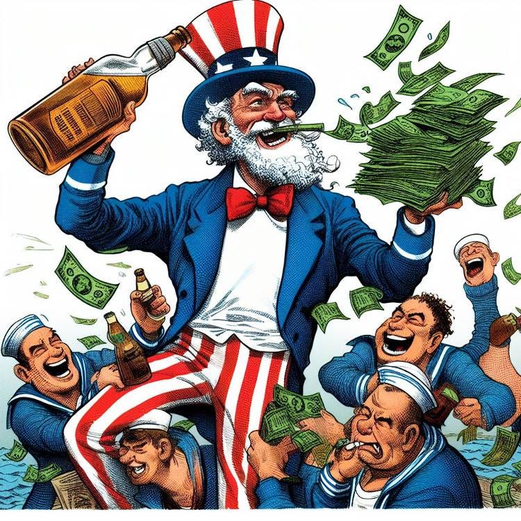 "US government spending like drunken sailors", Dall-E 3