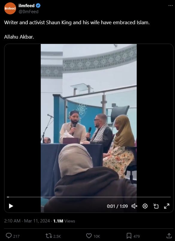 Imam welcomes BLM founder and his tightly hijab-clad wife as Muslims.