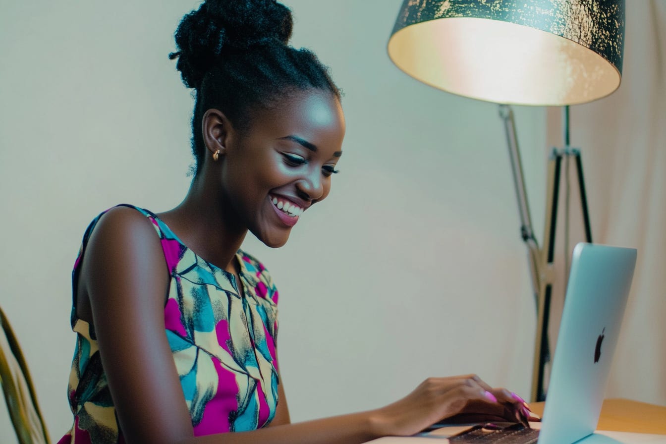 A young woman typing and smiling.