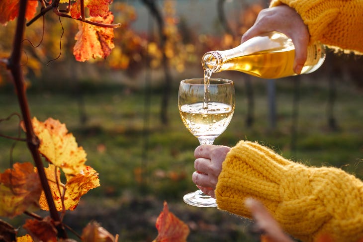 A person wearing a yellow knitted jumper pouring a glass of white wine, with autumn leaves in the background