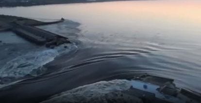 Screenshot of a video of the dam at the Kakhovka hydroelectric power plant in southern Ukraine on Tuesday.