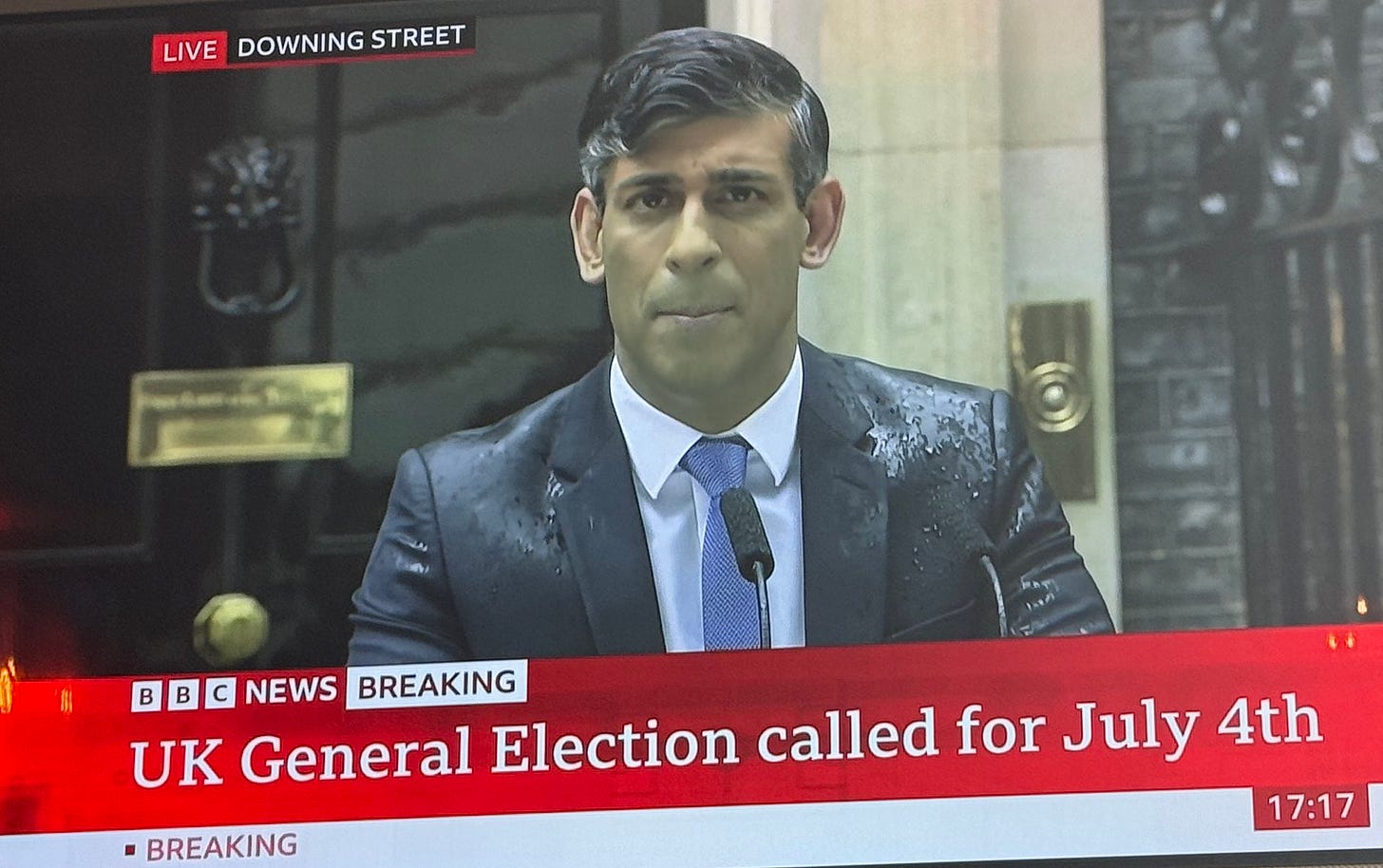 James Ball on X: "Rishi Sunak, soaking wet, trying to announce the general  election over the most famous Labour campaign song in history really does  encapsulate his premiership in a way that