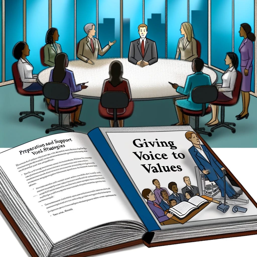 the image inspired by "Giving Voice to Values" by Mary C. Gentile. It depicts a professional setting where a diverse group of individuals are engaged in a discussion around a conference table, each confidently expressing their point of view. The atmosphere is supportive and inclusive, emphasizing the empowerment to speak up for one's values. Visual cues such as open notebooks with ethical precepts and supportive colleagues highlight the preparation and support strategies for handling ethical dilemmas in the workplace.